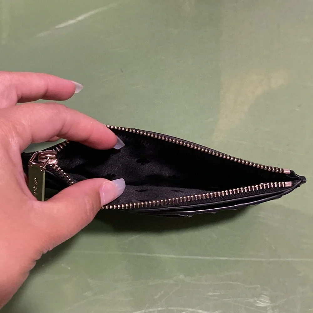 kate spade black leather zip card wallet with gold logo